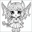 Placeholder: create a 2d black outline, " kawaii devil girl with bat wings coloring book for kids", coloring page, low details design, black contour, coloring page design, colorful , card style, coloring page for kids, halloween backgorund,sketch style,