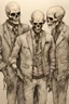 Placeholder: Zombie boy band called Skeleton Crew; Intricate Line Drawing; Ink Wash With Watercolor Paint