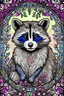 Placeholder: stained glass window design of an overwhelmingly beautiful racoon framed with vector flowers, long shiny, wavy flowing hair, polished, ultra-detailed vector floral illustration mixed with hyper realism, muted pastel colours, vector floral details in the background, muted colours, hyper-detailed ultra intricate overwhelming realism in a detailed complex scene with magical fantasy atmosphere, no signature, no watermark