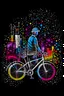 Placeholder: The bike goes in an abstract state, then fumes come out. Have the city silhouette in front of you. Produce it in png format that can be used as a logo. Create a unique t-shirt design in PNG format using artificial intelligence. The design should incorporate elements of artificial intelligence, such as neural networks or robots."