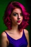 Placeholder: A girl wearing a short purple evening dress, her hair color is red and her eye color is green