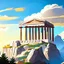 Placeholder: mount olympus from the greek mythology. High up in the mountains. Illustration. Cloudy. Sun behind the temple of Zeus.