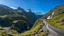 Placeholder: Stigfossen, rocky hilltop, valley, waterfall, road, mountains, sky, beautiful composition, award-winning photograph, astonishing realism, 28mm lens, adjust perspective