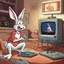 Placeholder: bugs bunny watching a tv about a video game with a pig doing music