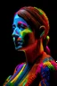 Placeholder: A close up photo of a artificial woman made from Lite Brite in the style of low poly, covered in Lite Brite, black background