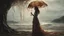 Placeholder: Full Body Shot Of A Young, Slim Woman Covered In rags, standing under a tree, holding an umbrella made from a jellyfish, a glowing ball in her hand, photorealistic, Detailed Matte Painting, Deep Colour, Fantastical, Intricate Detail,