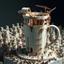 Placeholder: surreal miniaturism, colossal unfinished structure of a cup of hot chocolate being constructed by tiny workers, large syphon dumping hot chocolate into structure, scaffolding and ladders and buttressing and cranes, Giger-like, liminal busy worksite, metaphoric, digital photography, background is a pre-industrial city of similarly constructed ceramic containers