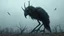 Placeholder: close in center weird crepy bird creature and and far away on sky different small dark crepy birds surreal thriller vibe trees in alternative surreal barren, dry, gloomy world, nightmare in abyss, deep vortex, black, gray, purple, brown, silver, dark red colors, surreal, weird dark fantasy, deep dark colors, sharp lines, crepy stunning, high detalied, weird, fog, shadows, realistic, surreal, highly detailed, melancholic thriller mood