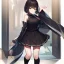 Placeholder: Clear focus,High resolution, A girl wearing a black short skirt, A black sleeveless shirt, a black cut sleeve, black long socks