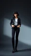 Placeholder: beautiful lady with short black curlay hair ,classic jacket and panta stand full body hands free release pose pretty boots ,simple background