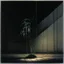 Placeholder: Minimal abstract oil painting of a plant in concrete warehouse brutalist architecture and hanging wires illuminated at night.In the style of Frances Bacon