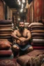 Placeholder: close up photography of a burly chubby muscular strong 34-year-old marocan man in Istanbul bazaar, shirtless, long beard, selling carpets sitting on a pile of carpets, big shoulders, manly chest, very hairy, side light, view from the ground