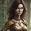 Placeholder: dungeons and dragons, female human, druid, brown hair, brown eyes, full body, realistic face, short hair, hair tied back, large nose, closed mouth, nature armor, face scars, tan skin