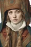 Placeholder: Half body portrait of a young woman in winter clothes in the style of jan van eyck in colors on a white background