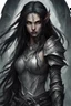 Placeholder: A female elf with skin the color of storm clouds, deep grey, stands ready for battle. Her long black hair flows behind her like a shadow, while her eyes gleam with a fierce silver light. Despite the grim set of her mouth, there's a undeniable beauty in her fierce countenance. She's been in a fight, evidenced by the ragged state of her leather armor and the red cape that's seen better days, edges frayed and torn. In her hands, she grips two swords, their blades spattered with an eerie green blood