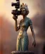 Placeholder: Statue of Queen of photography holding camera in hands. Cute blonde woman. Photographer in golden crown. Standing on the street. Big camera in her hand. hyperdetailed, photorealistic, trending on artstation, greg rutkowski, beksinski, kodachrome, volumetric lighting, gold and cyan