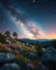 Placeholder: Hyperrealistic, colorful, peaceful landscape, Polaroid photo, night sky filled with galaxies, planets and stars, rocks, trees, flowers, sharp focus, 8k, deep 3d field