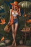 Placeholder: Full body of beautiful girl nami, Hair Color: Orange, Style: Wavy, Outfit Top: Blue, Outfit Bottom: Orange, Shoes: Brown, Accessories: Tangerine, Weapon: Clima-Tact, Hat: Straw, Tattoo: Pinwheel, Earrings: Hoops, sophisticated,, beautiful woman, hyper realistic, hyperrealism, photoreal, realistic, photorealistic, soft pastels, full-body, standing, long shot, wide angle, aesthetic