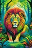 Placeholder: A colorful front cover book image of a full figured lion inside deep forest