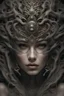 Placeholder: realistic photo of beautiful woman, fantasy, fine detailing, hyperdetail, complex detailing, mixed with biomechanics, ventacher filigree, well-drawn eyes, ornate detailing, perfectionism, hypermetamorphosis, super detailed skin, ultra-detailed metal, dark style, Greg Rutkowski, chamber portrait, blurry dark background, with soft lush curly warm white long hair, perfect symmetric eyes, gorgeous face, sharp focus, masterpiece, best quality, backlight removal, panoramic shot, HD result, cinematic p