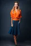 Placeholder: full body of very beautiful lady midi blue pleated skirt and orange bluse , Braided hair ,standing idle happy pose in studio pretty makeup,dark background