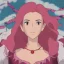 Placeholder: Young, Beautiful, Fire witch, round face, pale skin, wild curly pink hair, red eyes, pink and red eyeshadow, pink glossy lips, wearing a pink witch, wearing a red crystal necklace