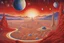 Placeholder: red, gold, white planetary landscape with stars, galaxies, planets, and a futuristic town in the illustrated style of Alex Grey