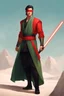 Placeholder: Red Blindfold, Male Tan Human, Very Long HairLong Black Hair, Peaceful pose, Red Fancy Lightsaber With a Crossagurd