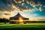 Placeholder: a big open disko stage in country side environment ,green field , at distance,blue sky pretty clouds ,sunset ,golden hour.