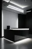 Placeholder: Reception desk with black walls, white floor, and hidden or rich lighting