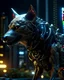 Placeholder: angry cyborg wolf and mushrooms growing from it, background blurred for cyberpunk city at night, high detailed, 8k, fantasy, rpg