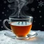 Placeholder: Fantastical teacup which has a ice skating rink on the surface of the tea where small female ice skaters are skating, cold temperatures, snowflakes on a dark background, ice vapors, surreal