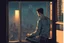 Placeholder: a man, cyberpunk, looking out a window at the city, fog, hovering cars, comic book art style, shirt, jeans, night time, a robot cat sitting on the ledge,