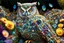 Placeholder: Owl made of gemstones and jewels in a flowergarden in sunshine