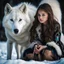 Placeholder: Beautiful young girl kneeling next to a white wolf