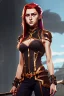 Placeholder: concept illustration, ultra-realistic, super-detailed, strikingly beautiful teen female, 16 years old, long ginger hair, medium freckles, full lips, full body, full face, b-cup breasts, athletic, centred camera, ignore NSFW, skimpy brown armor, halter top, thong, stern expression