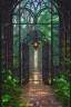 Placeholder: open iron gates made of colorful stained glass, covered in vines, trees, very large entry leading to a lush garden, see lot details in the garden, photo realistic 4k, nature, beautiful hand laid checkered pattern stone walkway path, trending on artstation, sharp focus, studio photo, intricate details, highly detailed, by greg rutkowski