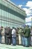 Placeholder: THE LAST GIANTS QUEING UP OUTSIDE CITADEL WAITING TO SIGN DOCUMENT FROM SMALL HUMANS STYLE OF HIROKU OGAI