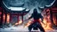 Placeholder: Hyper Realistic Photographic View Of A Handsome Muscular Ninja in his Traditional attire unleashing & attacking with fire-balls outside a dark abandoned Chinese Temple Ruins at dark heavy snowfall night with dramatic lighting & cinematic ambiance.