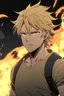 Placeholder: Anime man side character with blonde hair , lite muscles and aged 29 with explosions