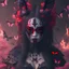 Placeholder: Goth girl, mask japan, burning all, fullbody, leaning pose, blood, butterflies, Skulls, raining, raivens, guts, wildflower, intricate, nature, plants, pink, rabbit, darkred tones,realistic photograph , 3d render, octane render, intricately detailed,