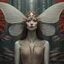 Placeholder: Surrealism. close-up headshot. A humanoid moth woman stands in a misty forest, her wings folded against her back. long brown hair, Low-angle shot. Inspired by the art of Salvador Dali and Zdzisław Beksiński. Delicate, swirling patterns on her wings like silk. red Human eyes with vertical pupils, surrounded by intricate, feathery lashes. Soft, ethereal light filtering through the mist. Pale, shimmering colors with touches of iridescent red and brown. best quality, incredibly detailed