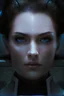 Placeholder: beautiful female captain, high tech, sci fi, dark brown eyes, pale skin, blue high tech outfit with orange lighting, dark bun hair, scowling, portrait, sitting on bridge main chair, less shadow, white teeth