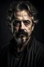 Placeholder: portrait of a man in his forty, dark goatee, salt and pepper hair, charming, similar to Robert Downey Junior, Caravaggio style