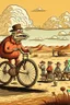 Placeholder: giant old bicycle with pepe on the top smoking in the desert with small people around in the style of Hiroshi Nagai