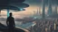 Placeholder: man overlooking a futuristic sci-fi city following the curve of a sandy bay.