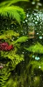 Placeholder: cinematic shot of flowers and ferns inside a test tube, waterdrops, dewdrops, moss, crystal, luxurious, bell jar