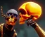 Placeholder: gripping a human skull with vice, yellow orange robot, two clamps tools attached to skull