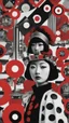 Placeholder: surreal collage art crafted from vintage Japanese magazines poster Novell , art composition by kusama, sci-fi elements , Alice's Wonderland, black and white and deep red