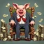 Placeholder: rich pig in suit on a throne making stacks of money by making a deal with a buisnessman. background of musicians